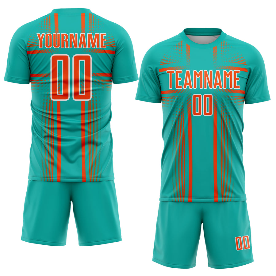 Custom Aqua Orange-White Lines Sublimation Soccer Uniform Jersey