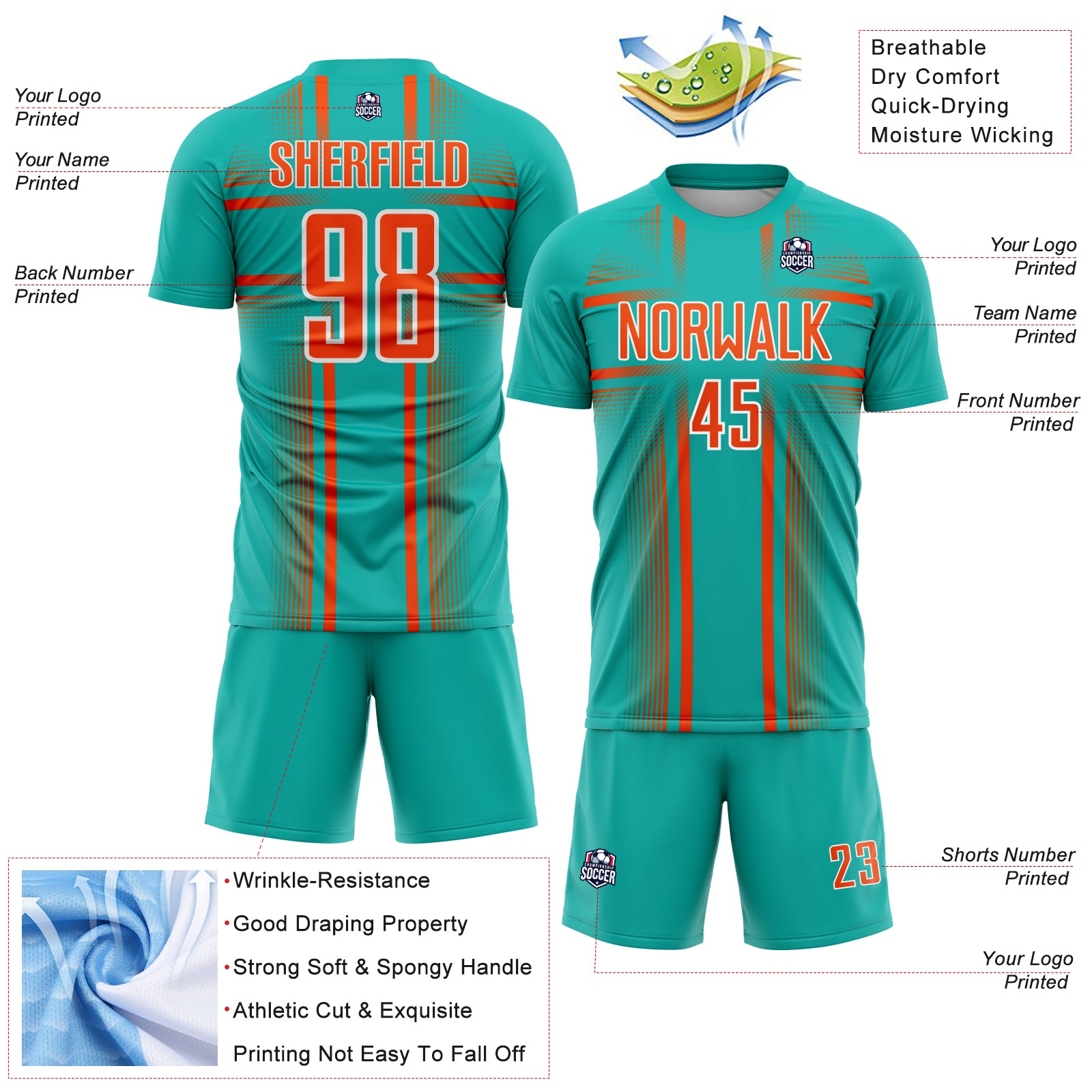 Custom Aqua Orange-White Lines Sublimation Soccer Uniform Jersey