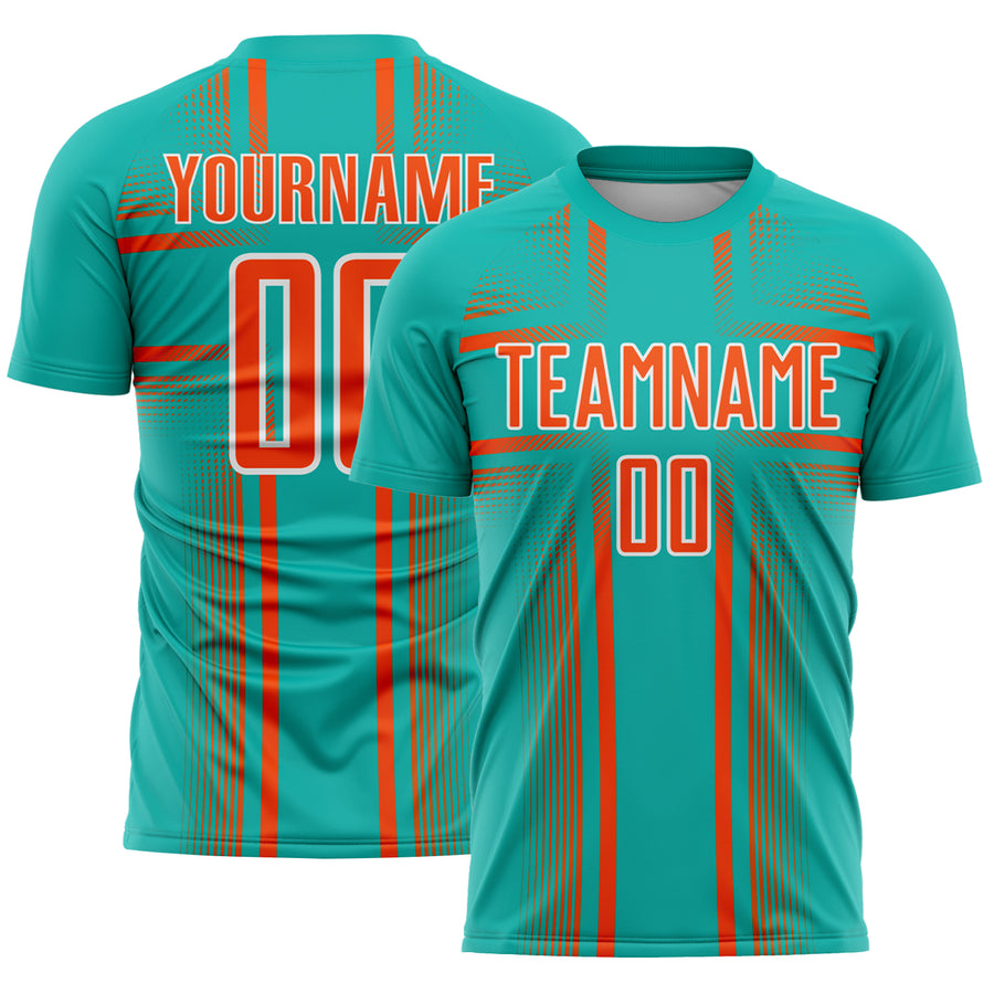 Custom Aqua Orange-White Lines Sublimation Soccer Uniform Jersey