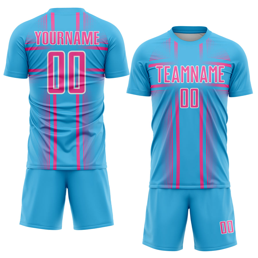 Custom Sky Blue Pink-White Lines Sublimation Soccer Uniform Jersey