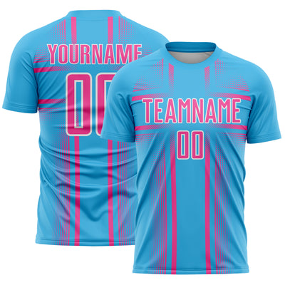Custom Sky Blue Pink-White Lines Sublimation Soccer Uniform Jersey