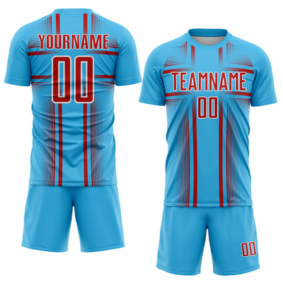 Custom Sky Blue Red-White Lines Sublimation Soccer Uniform Jersey