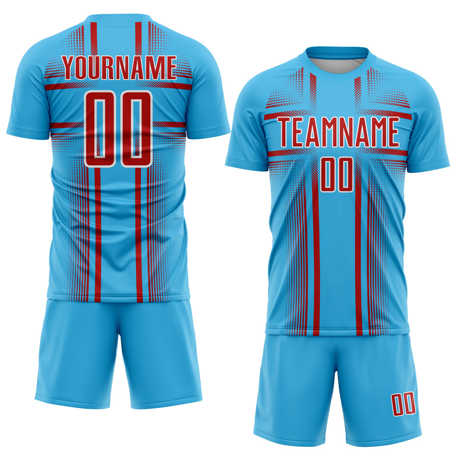 Custom Sky Blue Red-White Lines Sublimation Soccer Uniform Jersey