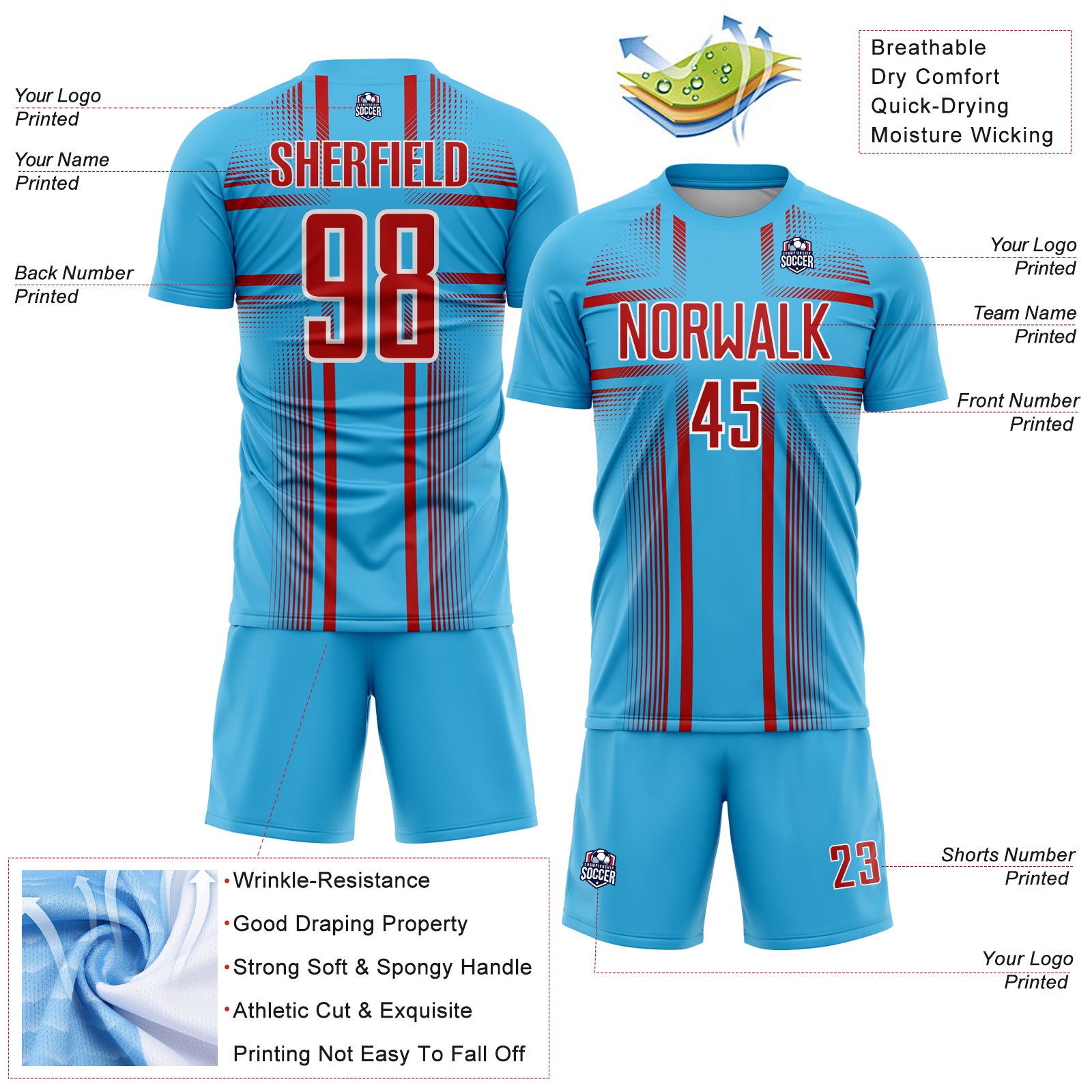 Custom Sky Blue Red-White Lines Sublimation Soccer Uniform Jersey