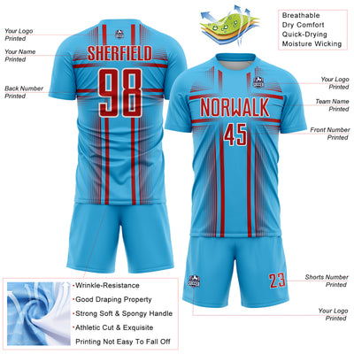 Custom Sky Blue Red-White Lines Sublimation Soccer Uniform Jersey