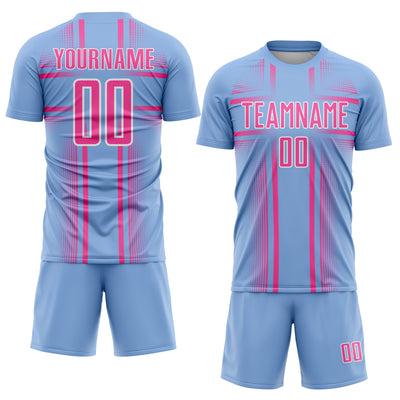 Custom Light Blue Pink-White Lines Sublimation Soccer Uniform Jersey