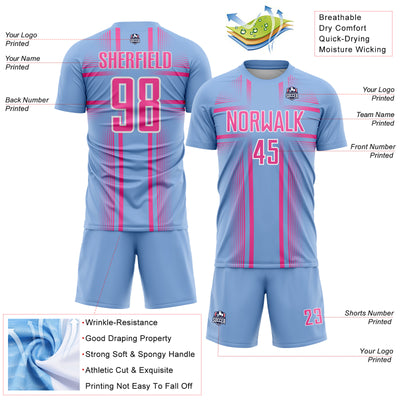 Custom Light Blue Pink-White Lines Sublimation Soccer Uniform Jersey
