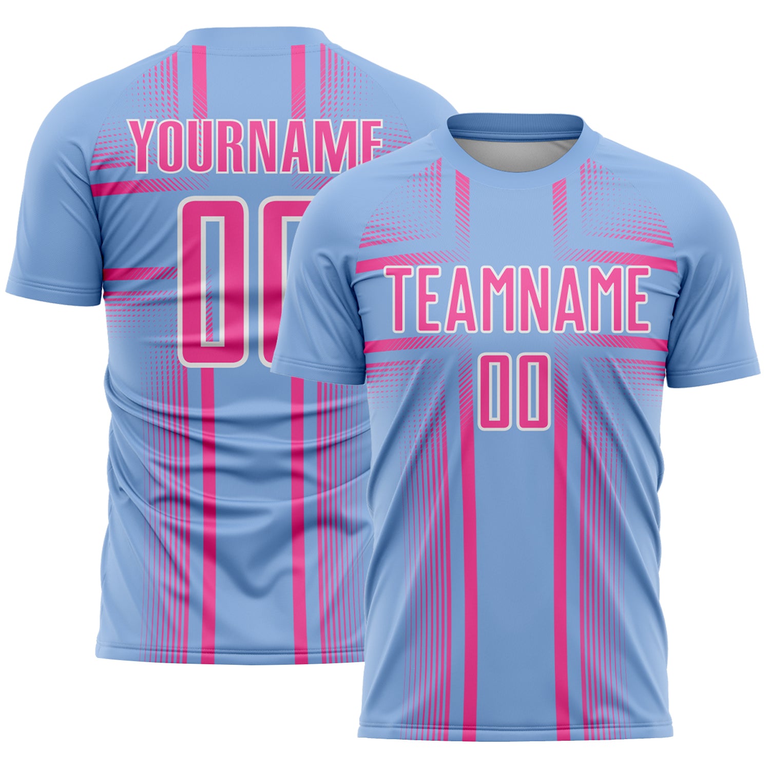 Custom Light Blue Pink-White Lines Sublimation Soccer Uniform Jersey