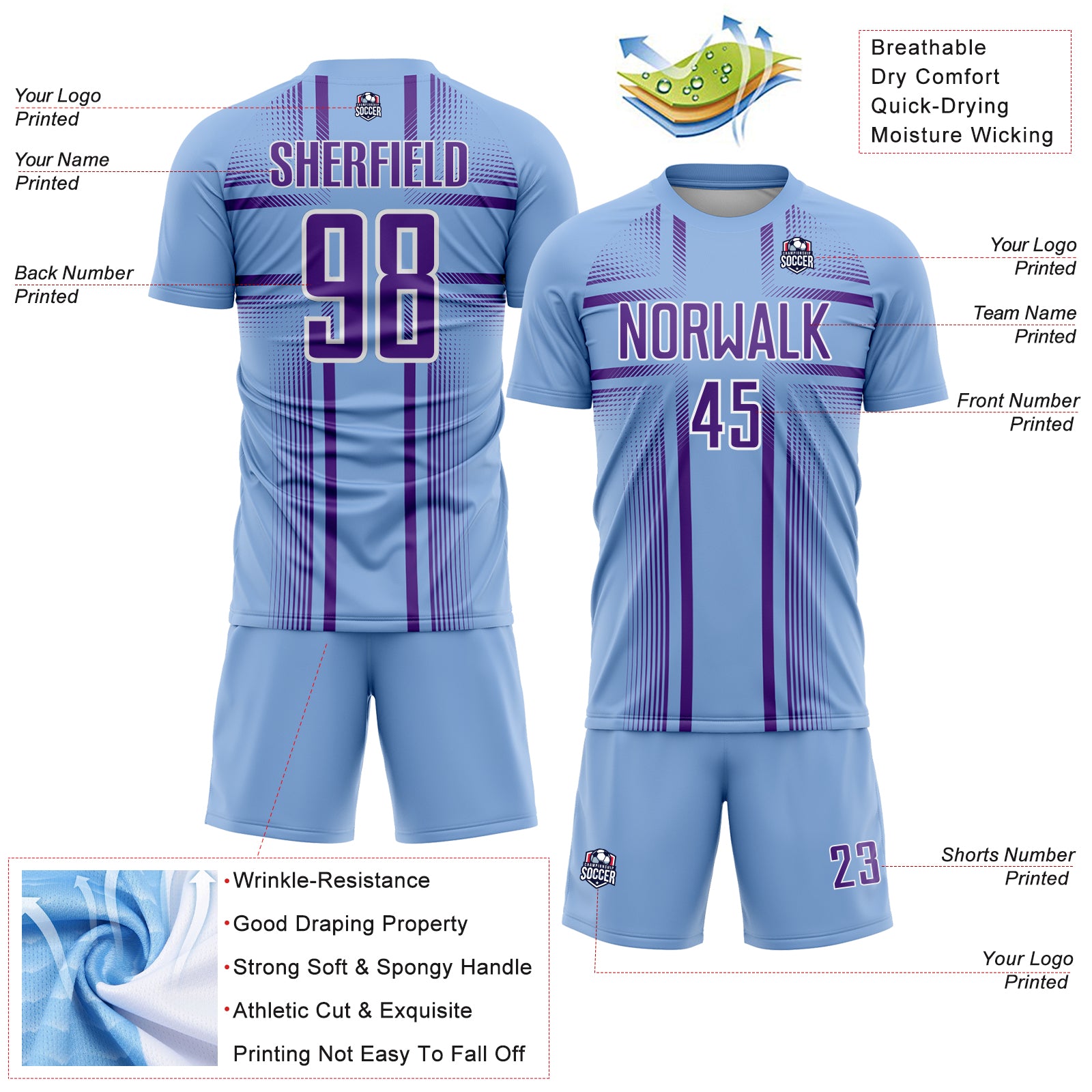 Custom Light Blue Purple-White Lines Sublimation Soccer Uniform Jersey