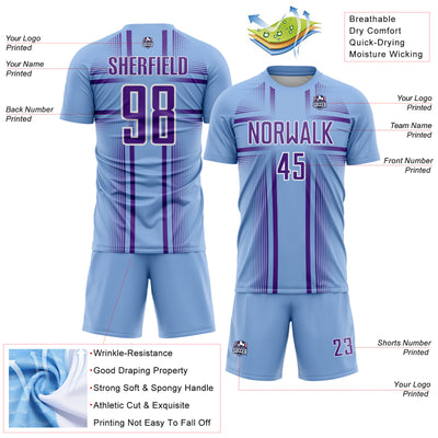 Custom Light Blue Purple-White Lines Sublimation Soccer Uniform Jersey