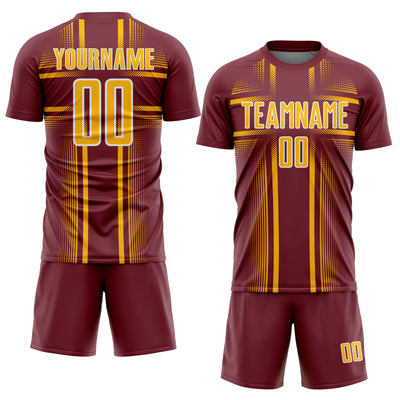 Custom Burgundy Gold-White Lines Sublimation Soccer Uniform Jersey