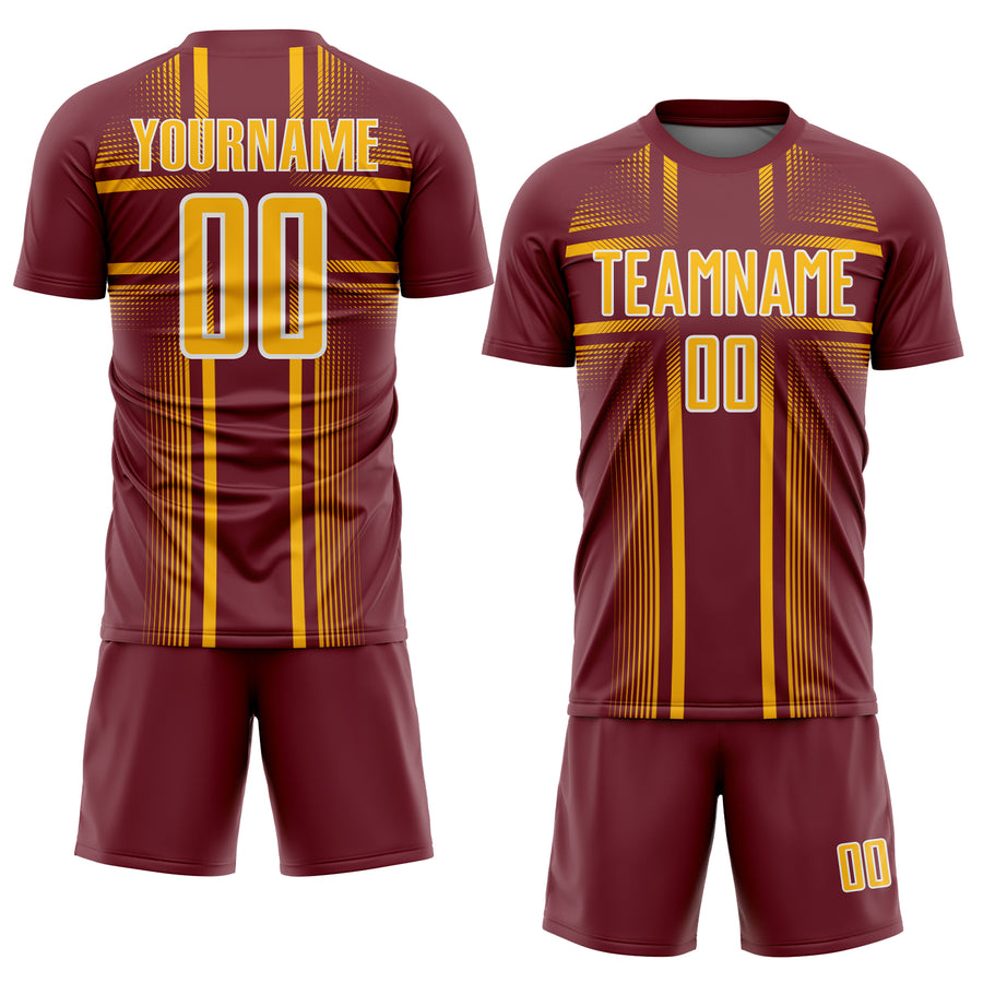 Custom Burgundy Gold-White Lines Sublimation Soccer Uniform Jersey