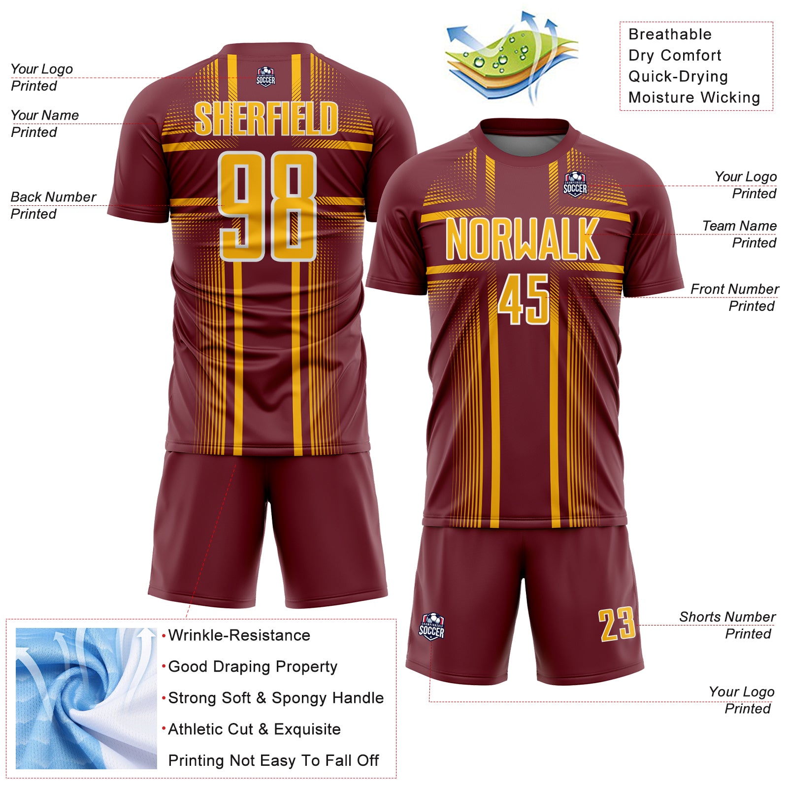 Custom Burgundy Gold-White Lines Sublimation Soccer Uniform Jersey