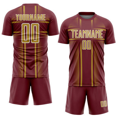 Custom Burgundy Old Gold-White Lines Sublimation Soccer Uniform Jersey