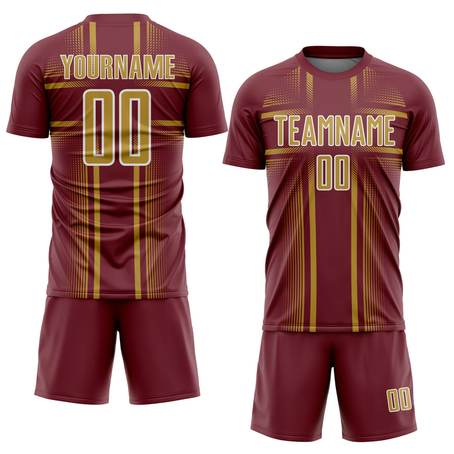 Custom Burgundy Old Gold-White Lines Sublimation Soccer Uniform Jersey
