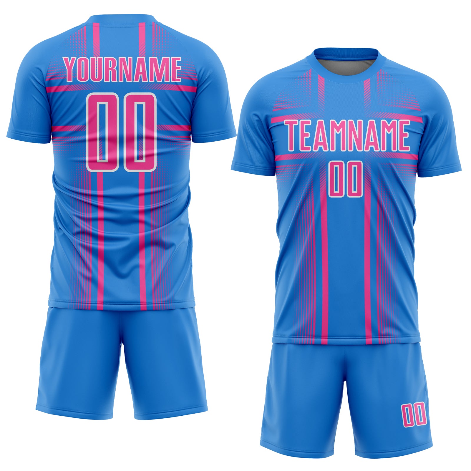 Custom Powder Blue Pink-White Lines Sublimation Soccer Uniform Jersey