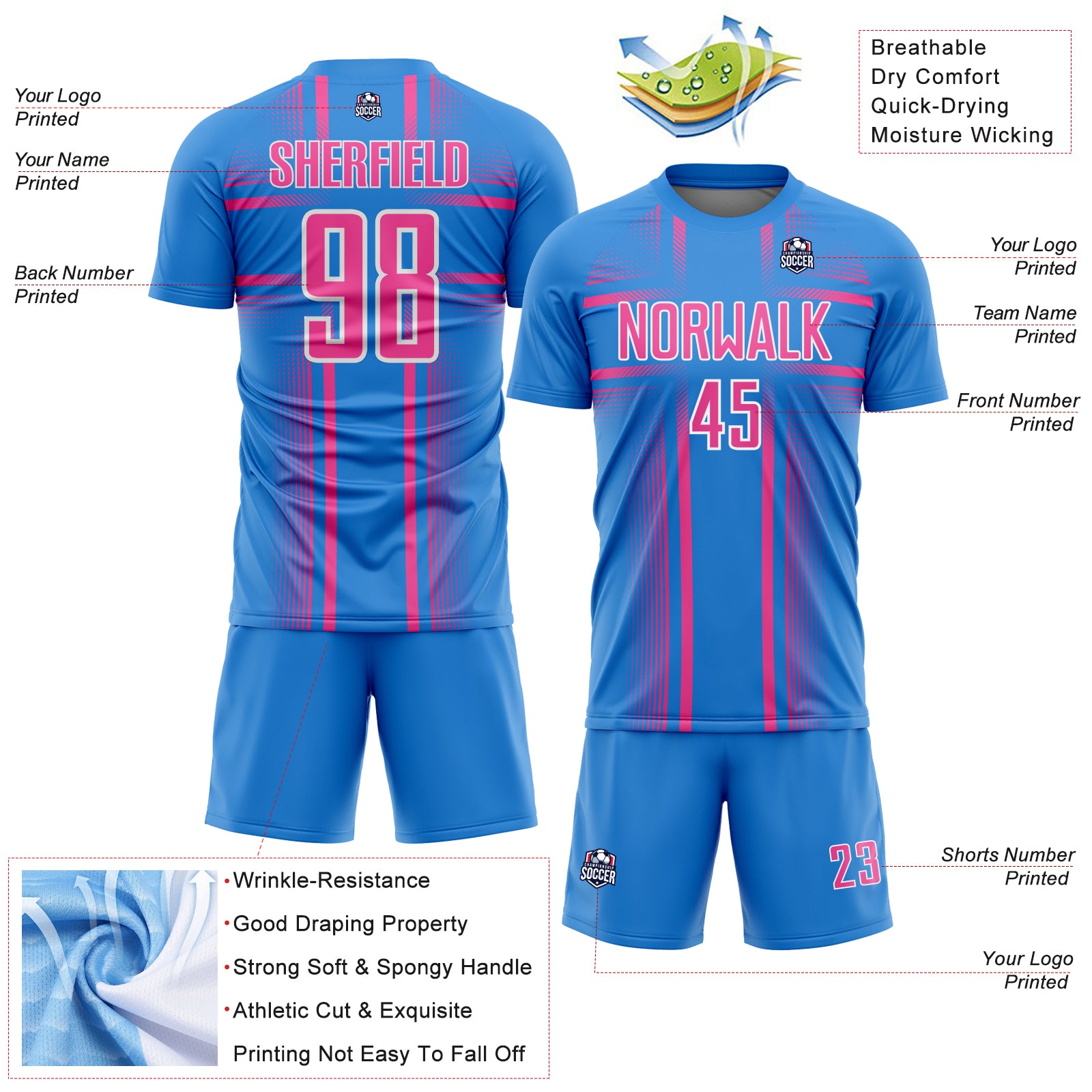 Custom Powder Blue Pink-White Lines Sublimation Soccer Uniform Jersey
