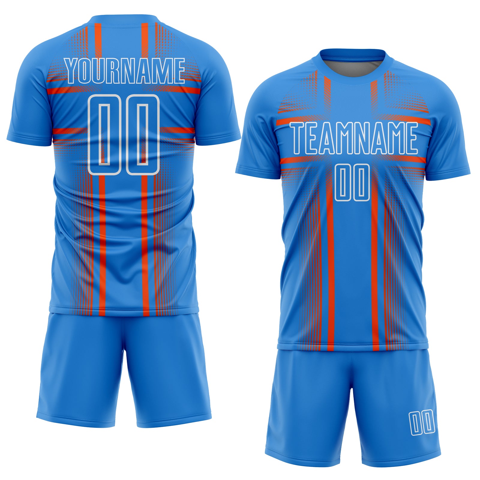 Custom Powder Blue Orange-White Lines Sublimation Soccer Uniform Jersey