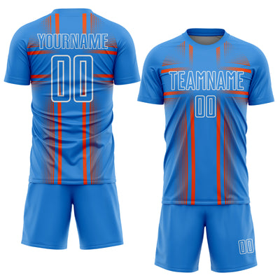 Custom Powder Blue Orange-White Lines Sublimation Soccer Uniform Jersey