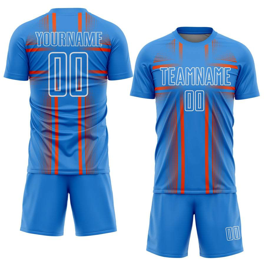 Custom Powder Blue Orange-White Lines Sublimation Soccer Uniform Jersey