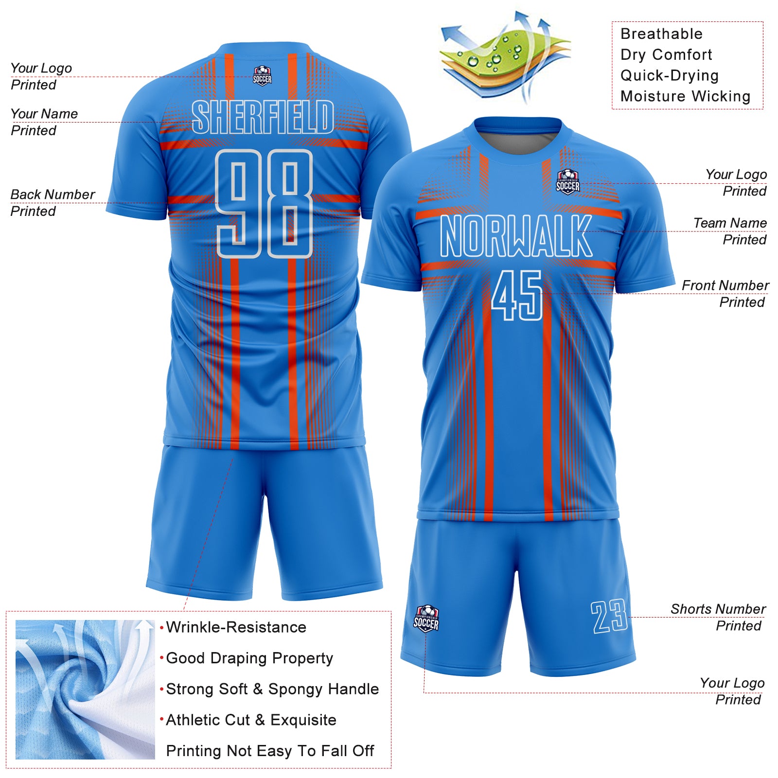 Custom Powder Blue Orange-White Lines Sublimation Soccer Uniform Jersey