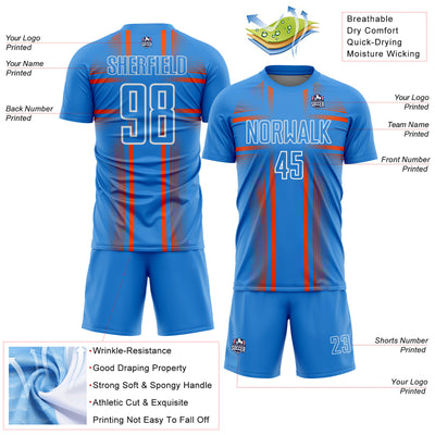 Custom Powder Blue Orange-White Lines Sublimation Soccer Uniform Jersey