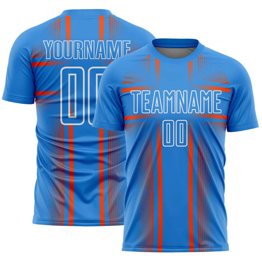 Custom Powder Blue Orange-White Lines Sublimation Soccer Uniform Jersey