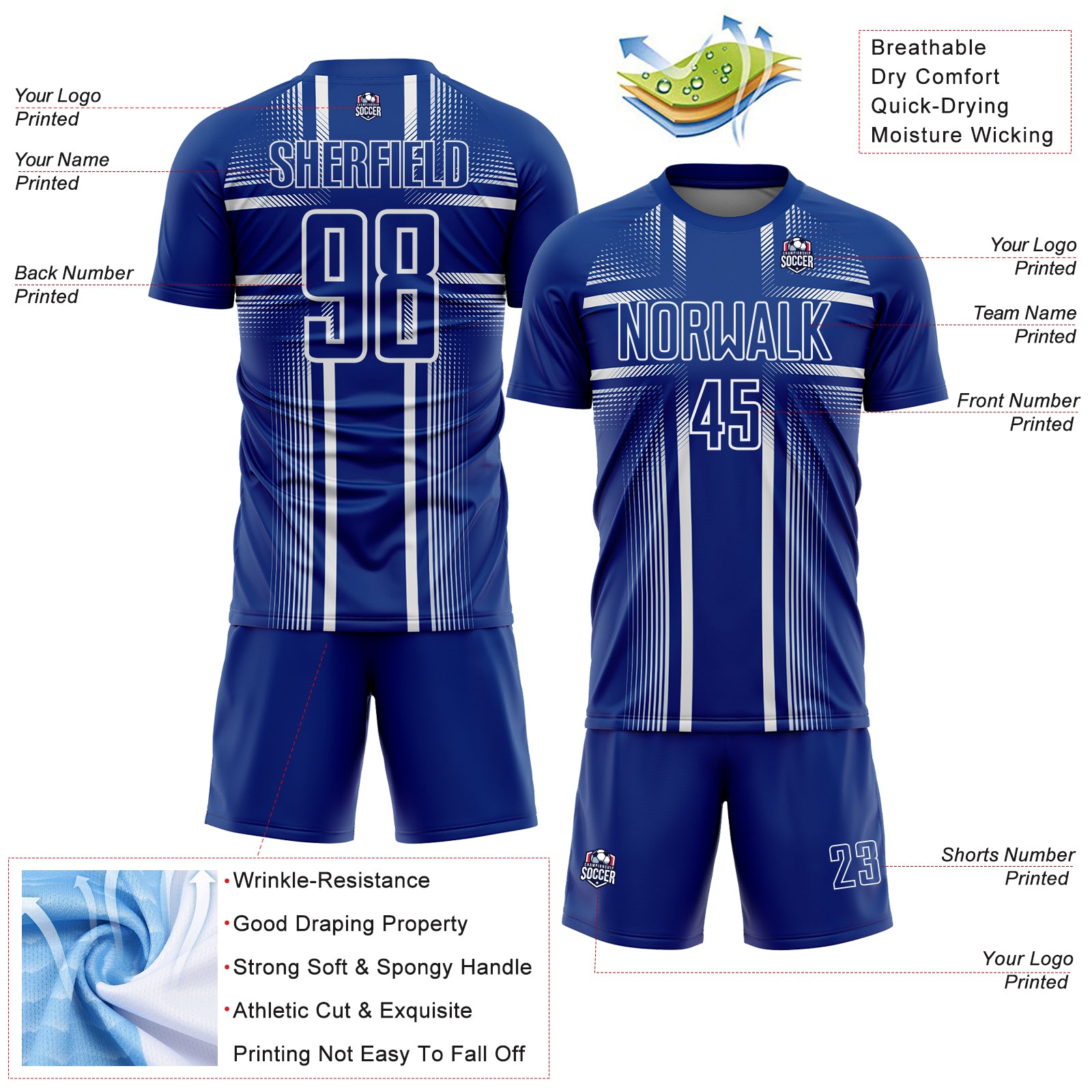 Custom Royal White Lines Sublimation Soccer Uniform Jersey
