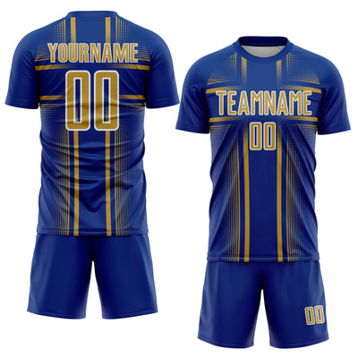 Custom Royal Old Gold-White Lines Sublimation Soccer Uniform Jersey