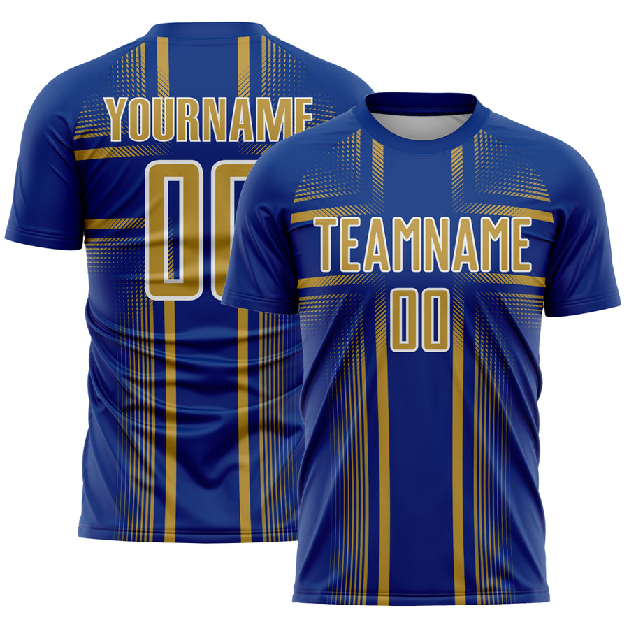Custom Royal Old Gold-White Lines Sublimation Soccer Uniform Jersey