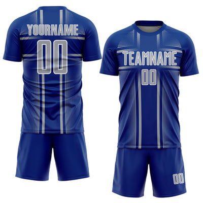 Custom Royal Gray-White Lines Sublimation Soccer Uniform Jersey