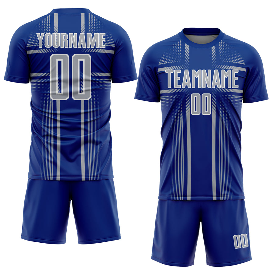 Custom Royal Gray-White Lines Sublimation Soccer Uniform Jersey