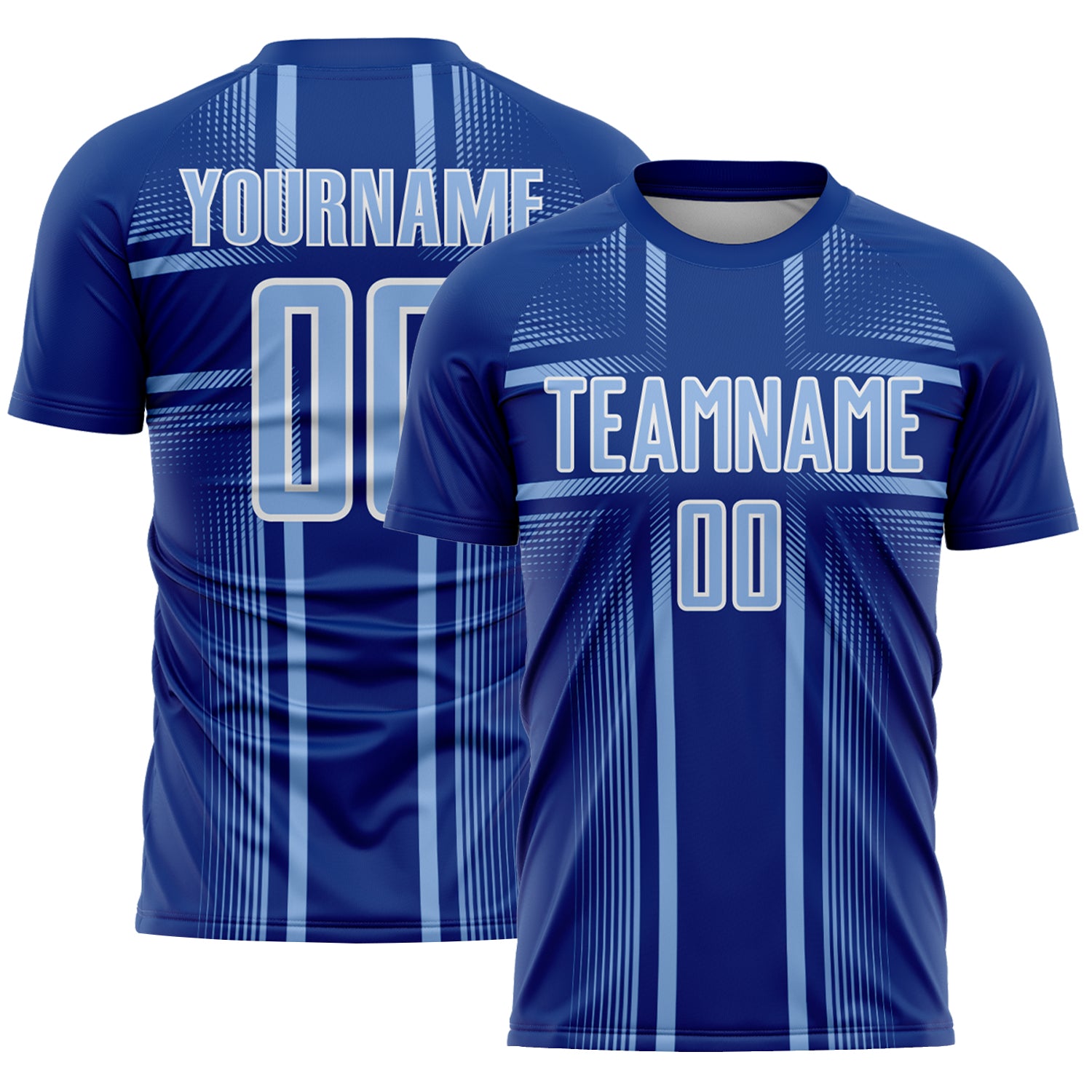 Custom Royal Light Blue-White Lines Sublimation Soccer Uniform Jersey