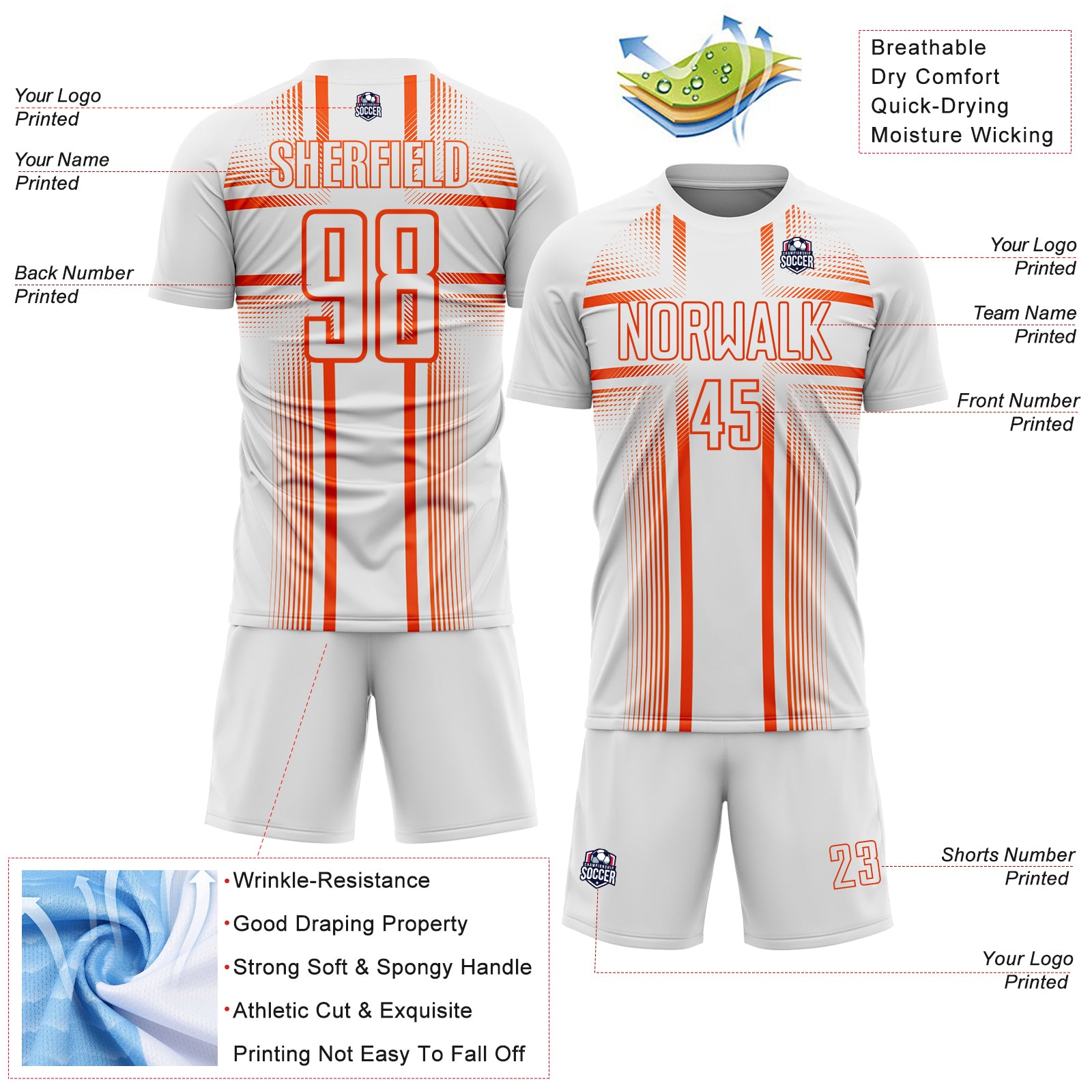 Custom White Orange Lines Sublimation Soccer Uniform Jersey