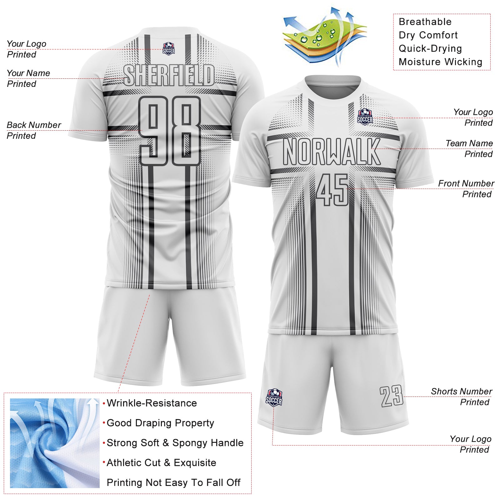 Custom White Steel Gray Lines Sublimation Soccer Uniform Jersey