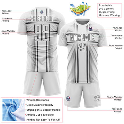 Custom White Steel Gray Lines Sublimation Soccer Uniform Jersey