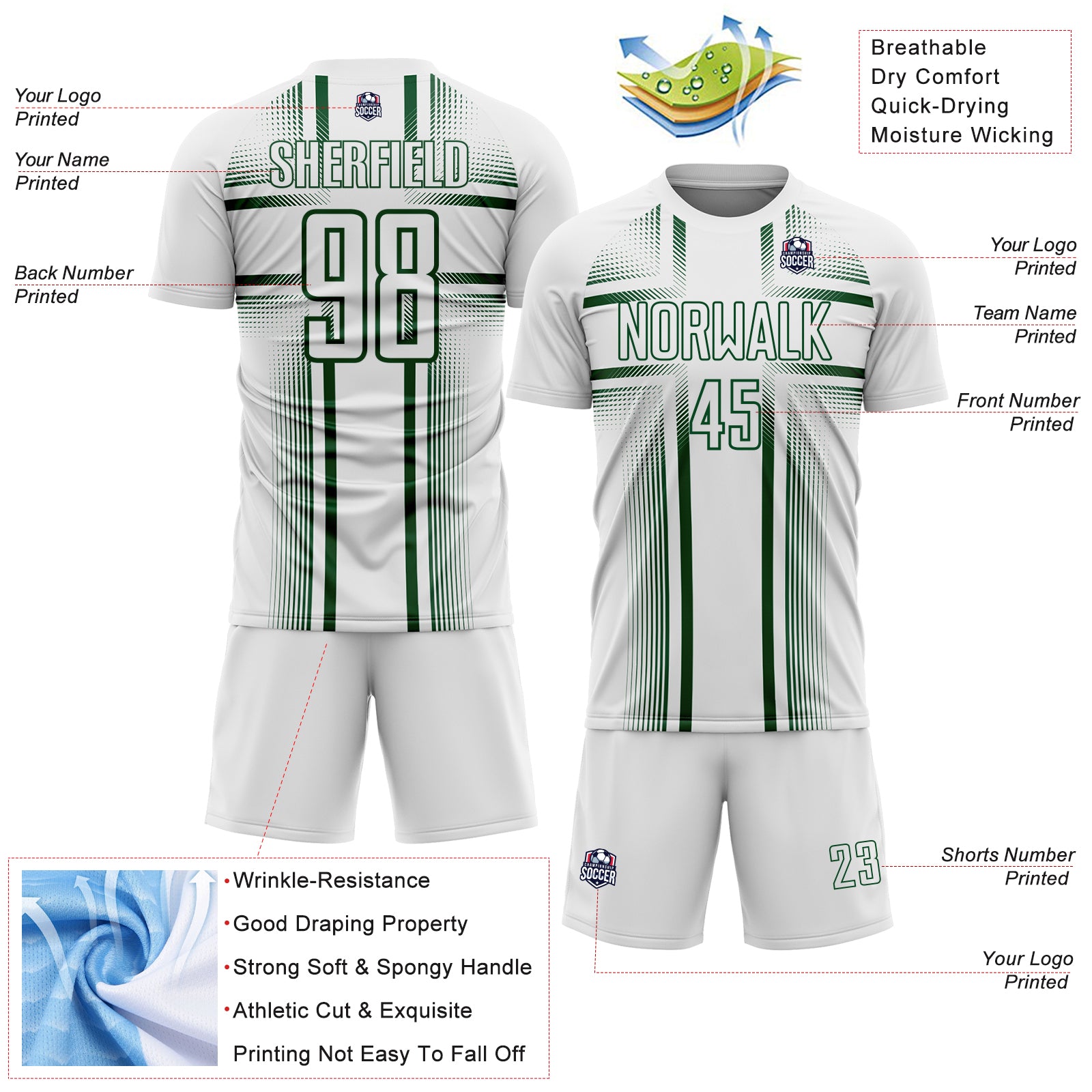Custom White Green Lines Sublimation Soccer Uniform Jersey