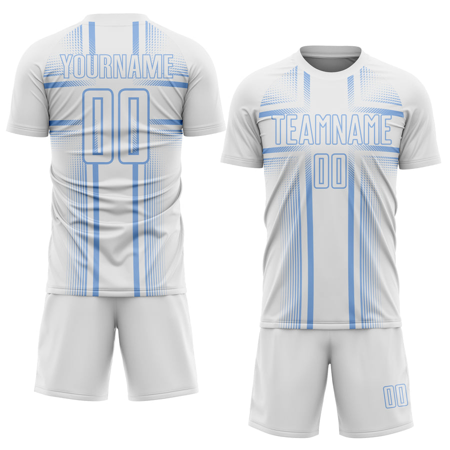 Custom White Light Blue Lines Sublimation Soccer Uniform Jersey