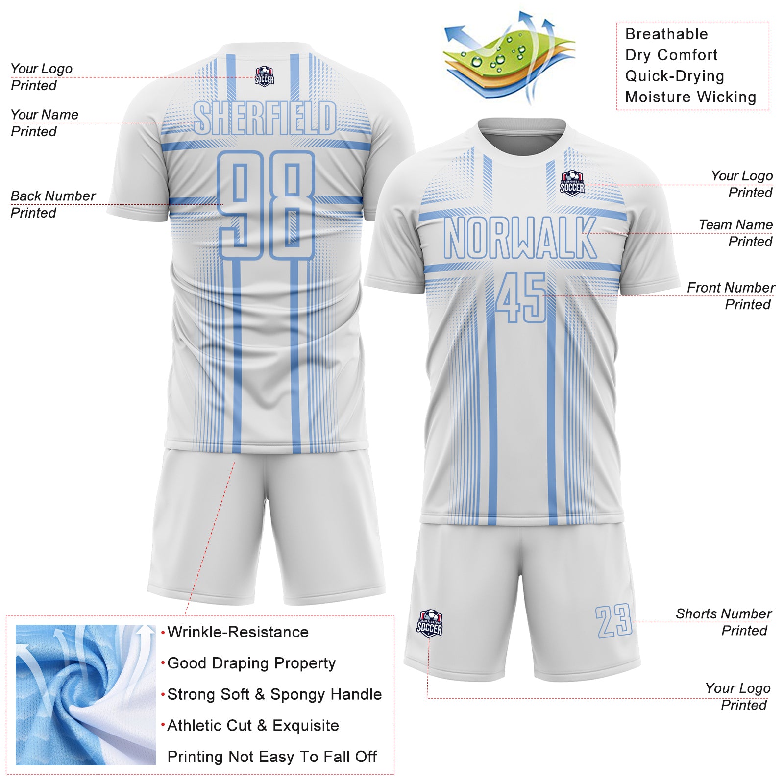 Custom White Light Blue Lines Sublimation Soccer Uniform Jersey