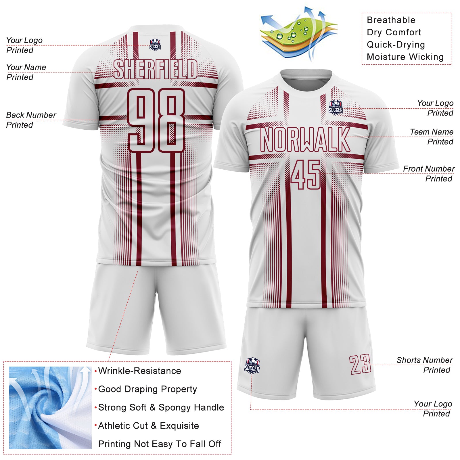 Custom White Crimson Lines Sublimation Soccer Uniform Jersey