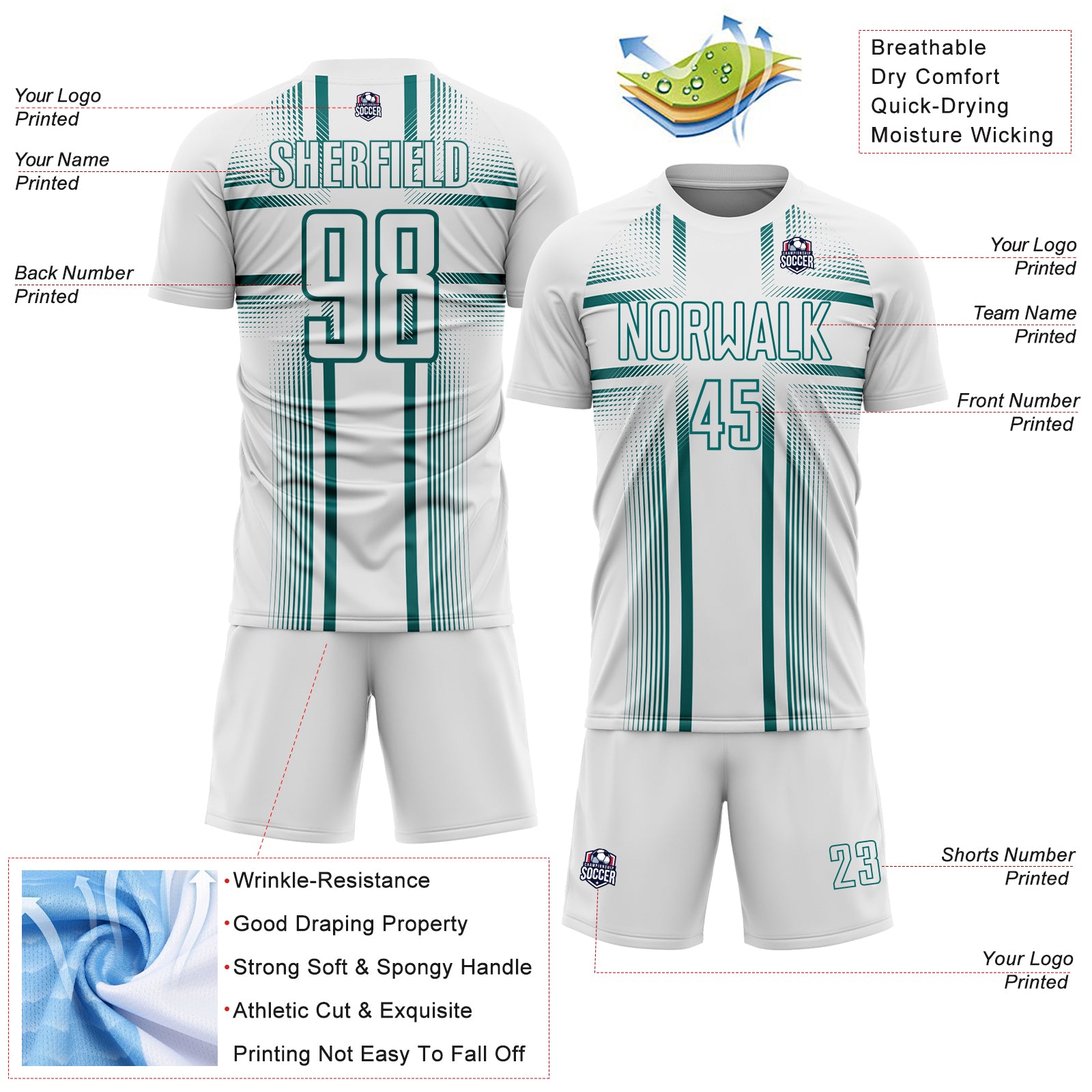Custom White Teal Lines Sublimation Soccer Uniform Jersey