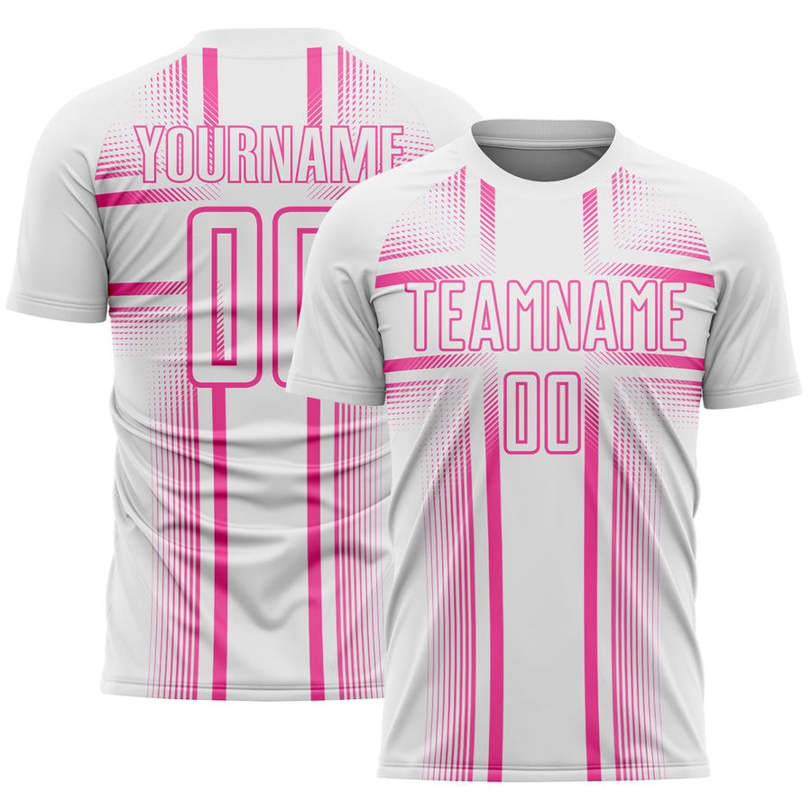 Custom White Pink Lines Sublimation Soccer Uniform Jersey