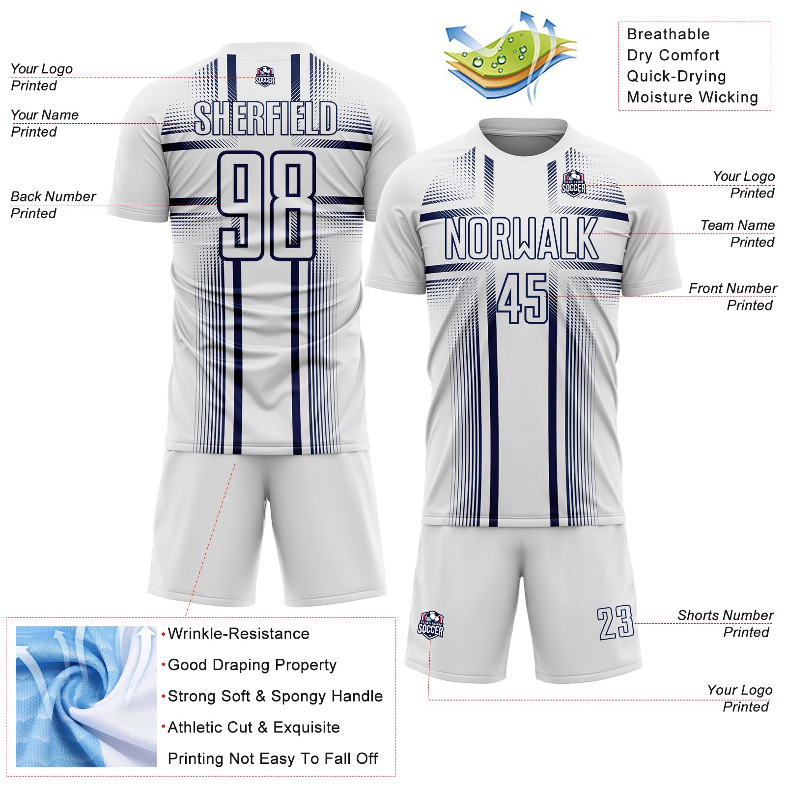 Custom White Navy Lines Sublimation Soccer Uniform Jersey