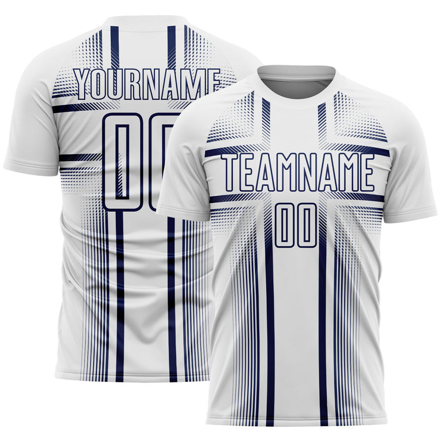 Custom White Navy Lines Sublimation Soccer Uniform Jersey