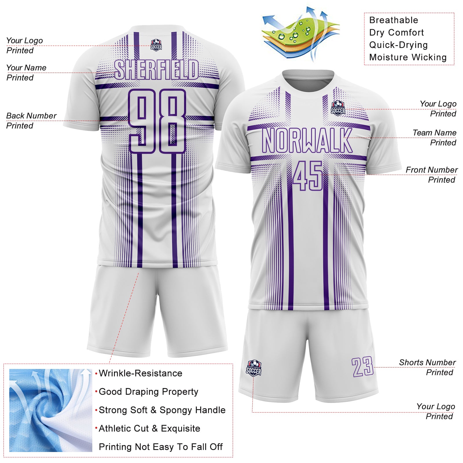 Custom White Purple Lines Sublimation Soccer Uniform Jersey