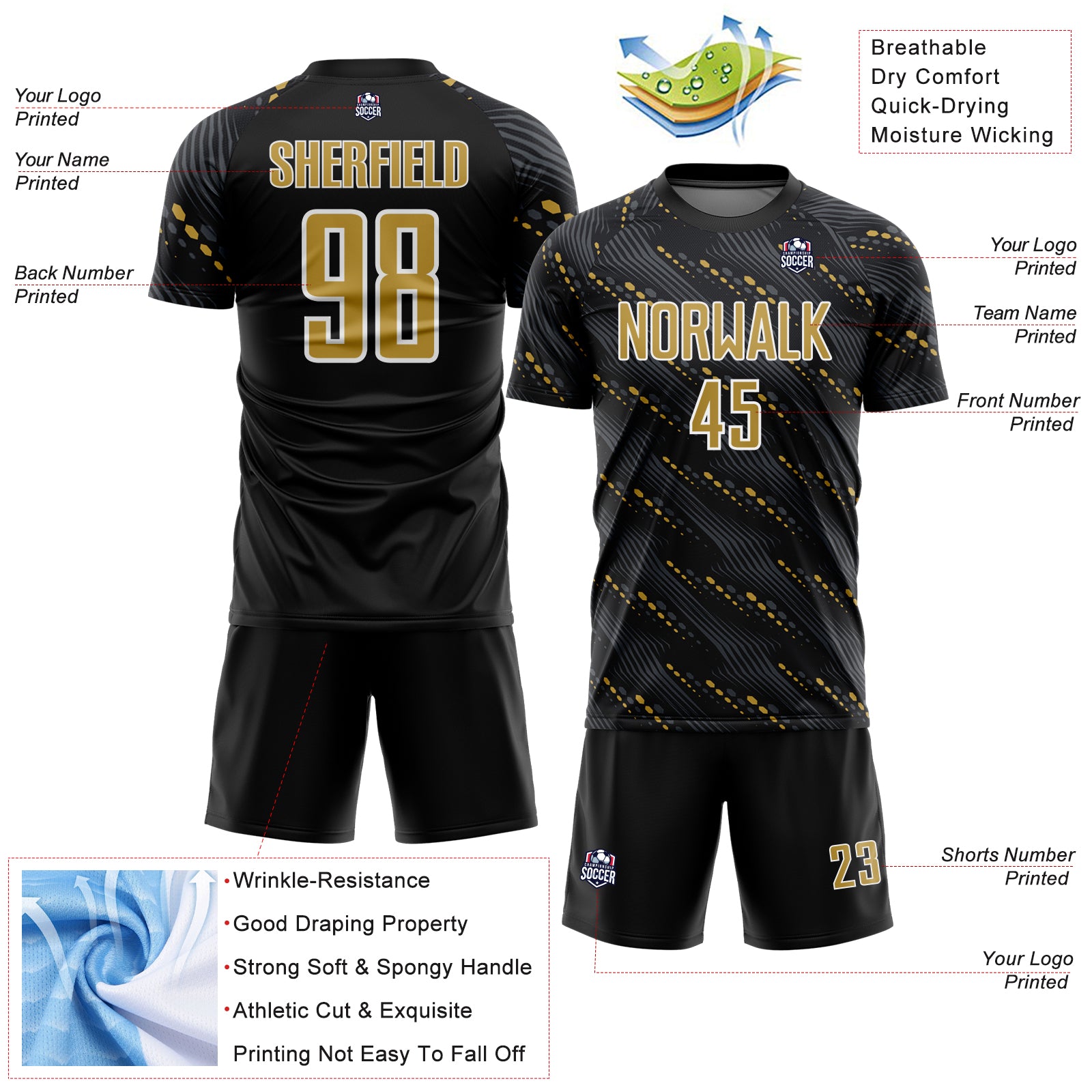 Custom Black Old Gold-White Slant Lines Sports Sublimation Soccer Uniform Jersey