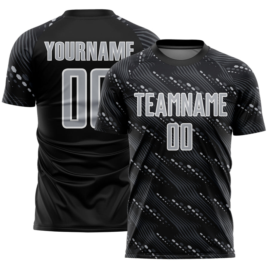 Custom Black Gray-White Slant Lines Sports Sublimation Soccer Uniform Jersey