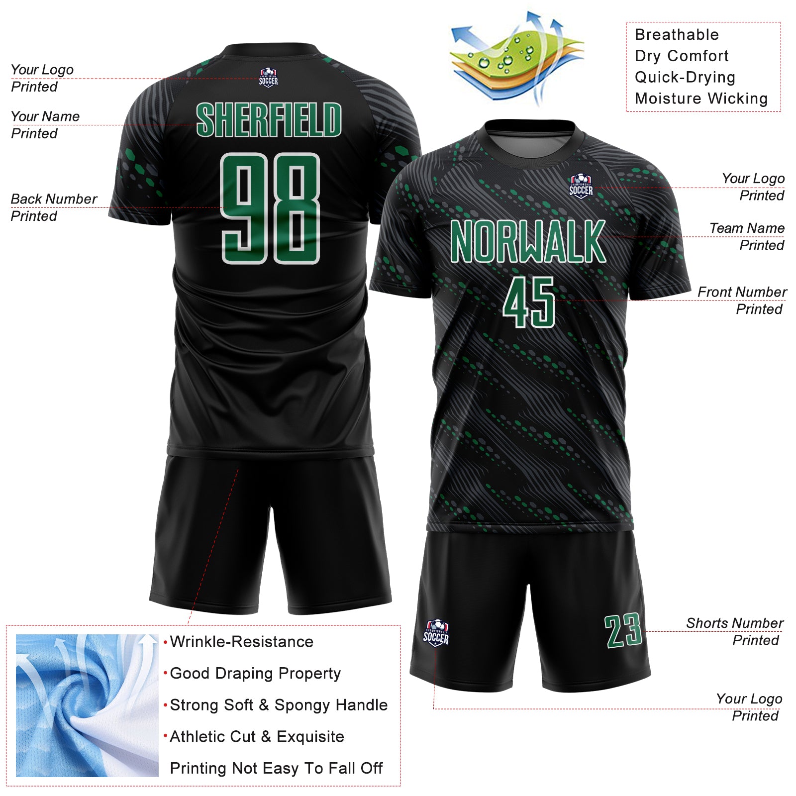 Custom Black Kelly Green-White Slant Lines Sports Sublimation Soccer Uniform Jersey