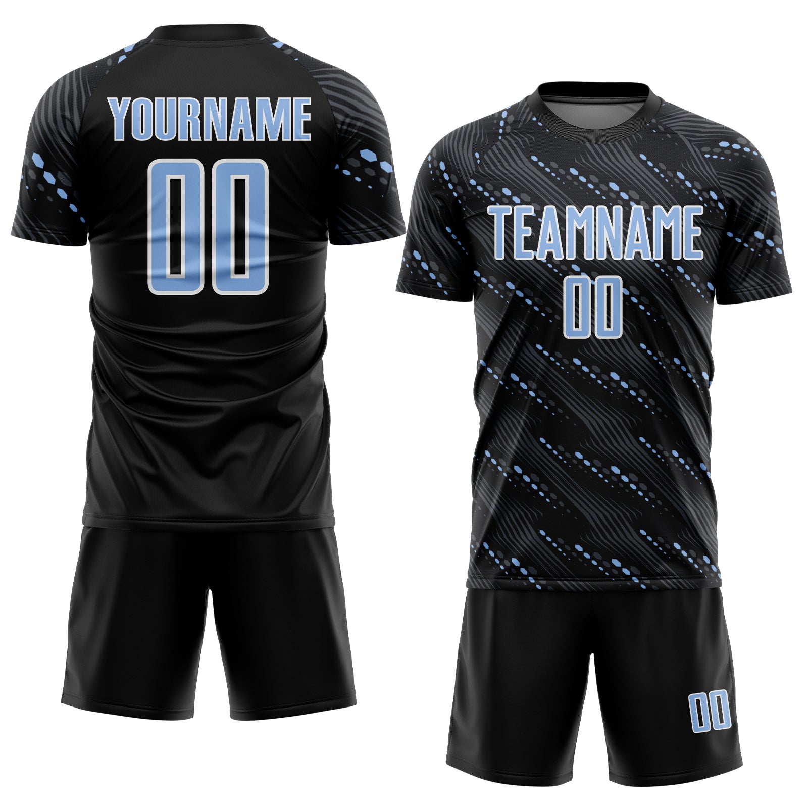 Custom Black Light Blue-White Slant Lines Sports Sublimation Soccer Uniform Jersey
