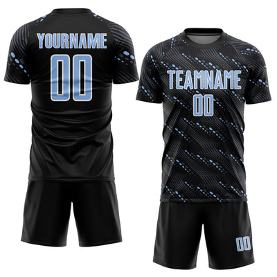 Custom Black Light Blue-White Slant Lines Sports Sublimation Soccer Uniform Jersey